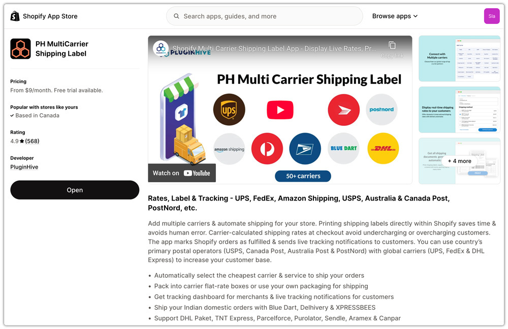 PH MultiCarrier Shipping Label app listing on the Shopify App Store showing supported carriers and features