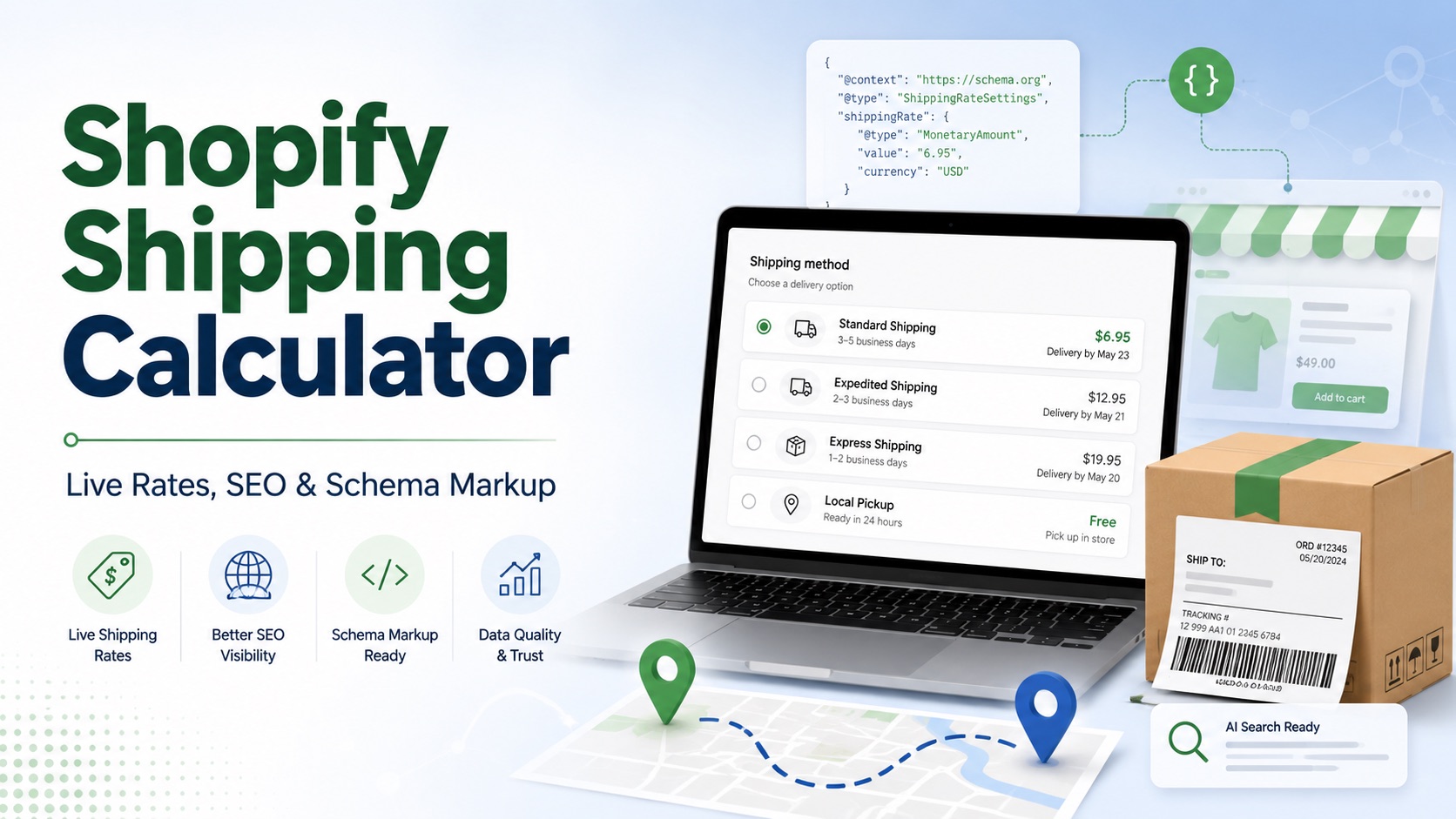Shopify shipping calculator showing live shipping rates at checkout alongside shipping Schema Markup